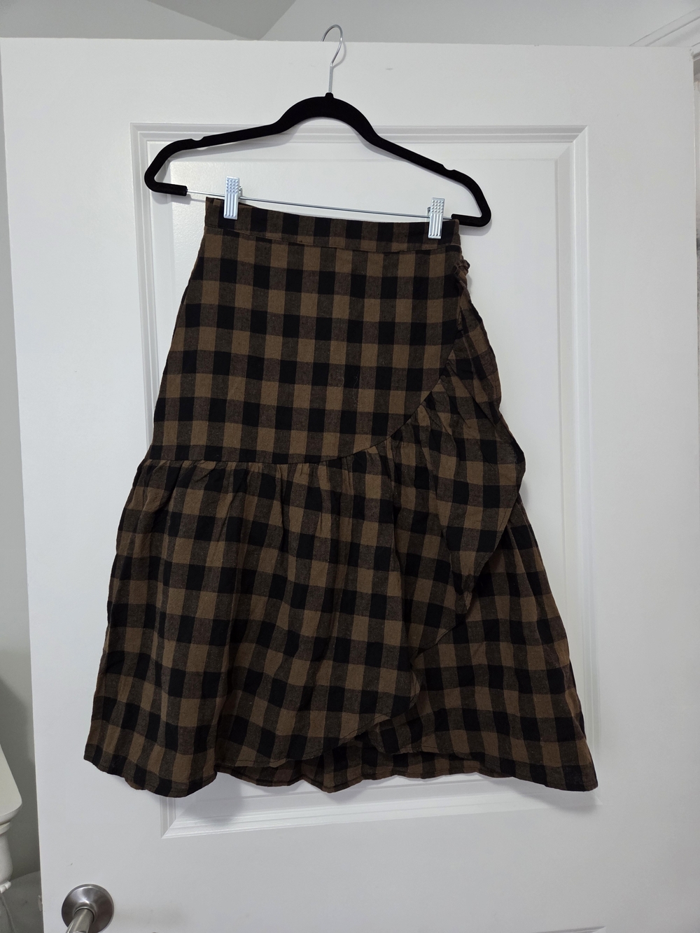 Checked Ruffle Midi Skirt in Brown and Black